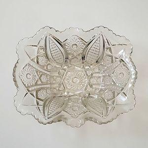 Vintage Cut Glass Crystal Rectangular Scallop Edge Starburst Bowl